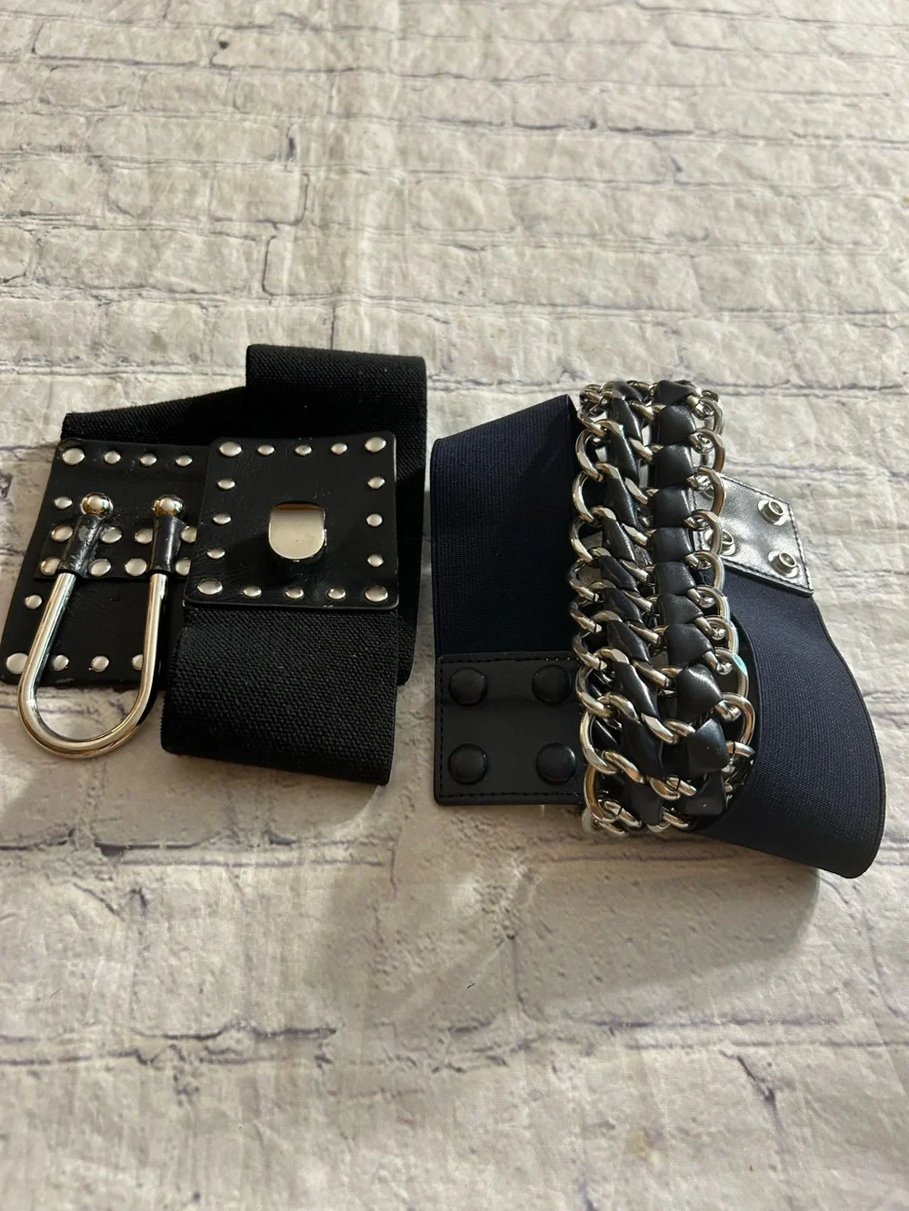 LOT OF (2) BLACK WITH SILVER TONE HARDWARE BIKER STRETCH WIDE BELTS SIZE LARGE